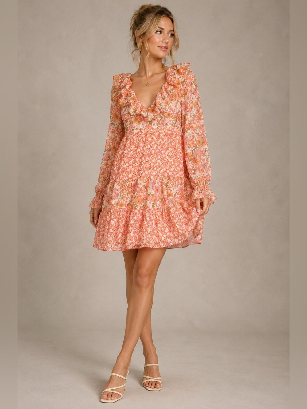 Orange Floral Tiered Mini Dress | Ruffle Chiffon | Cottagecore Boho Babydoll